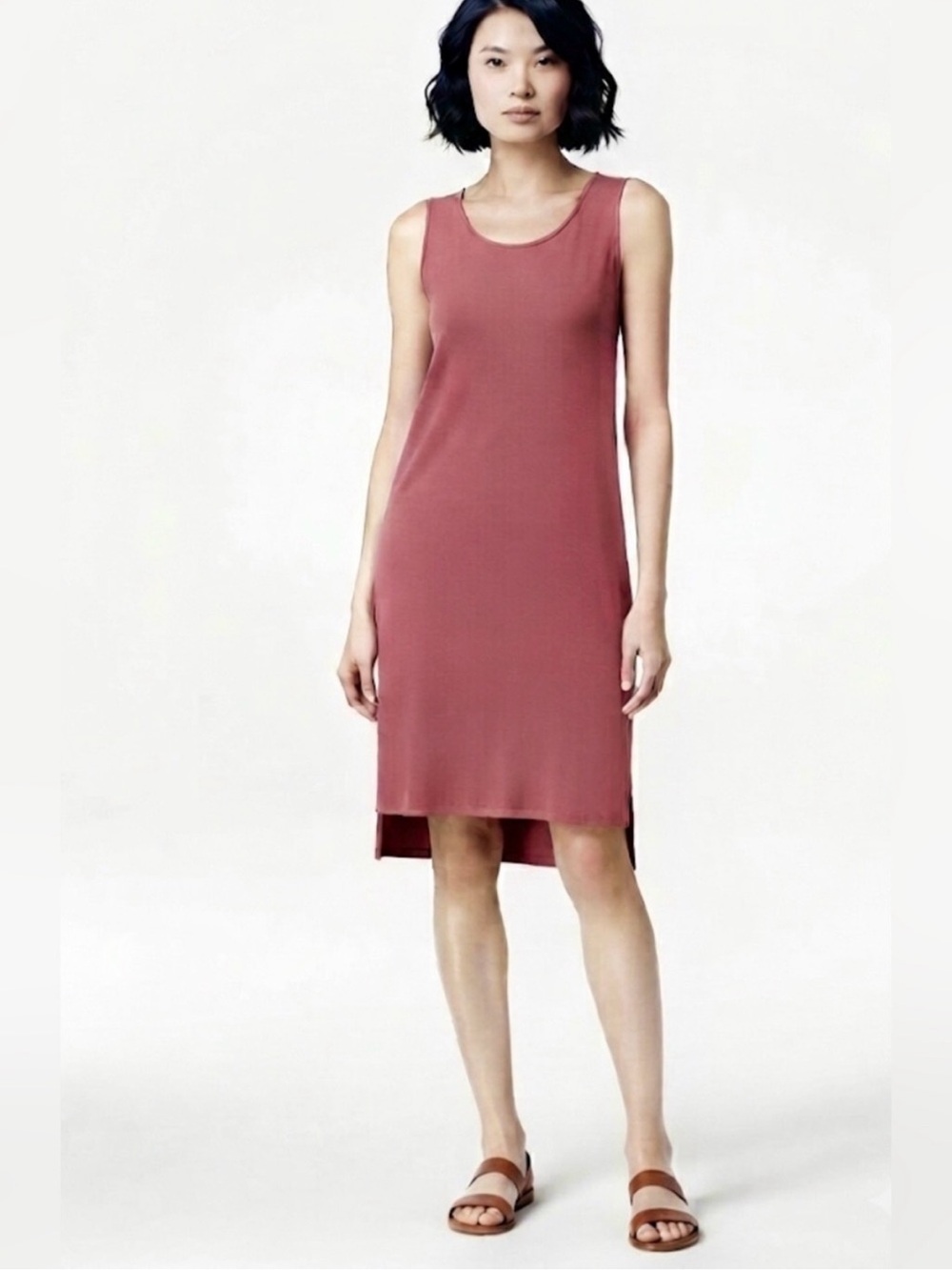 Eileen Fisher Viscose Jersey Sleeveless Tank Dress Rosewood Red Medium